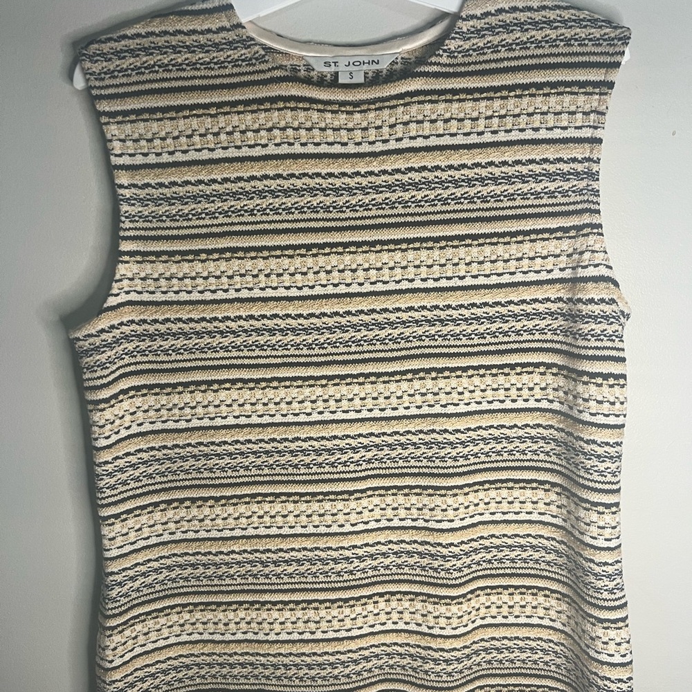 Vintage ST. JOHN KNIT Tank Sleeveless Shell Gold Metallic Navy Blue Sz Small